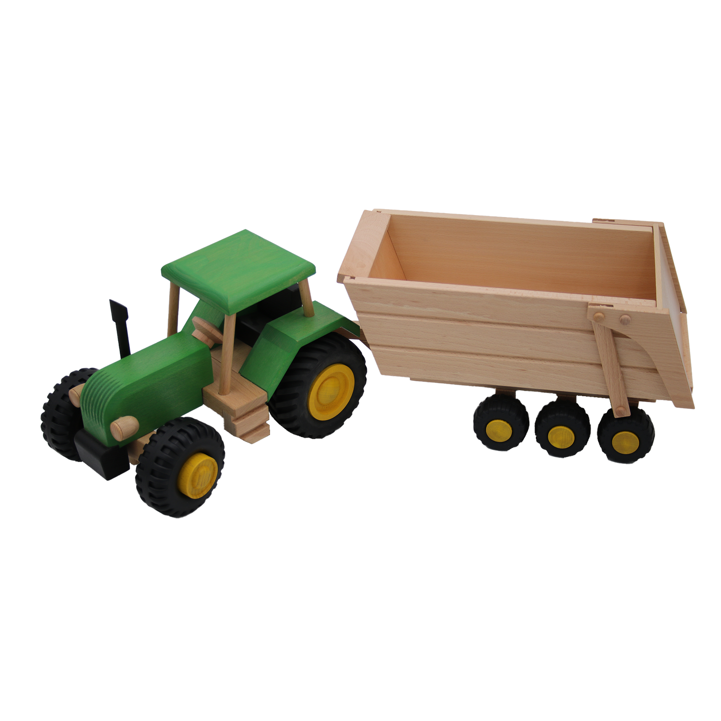 großer gruener traktor mit anhaenger zum kippen aus buchenholz