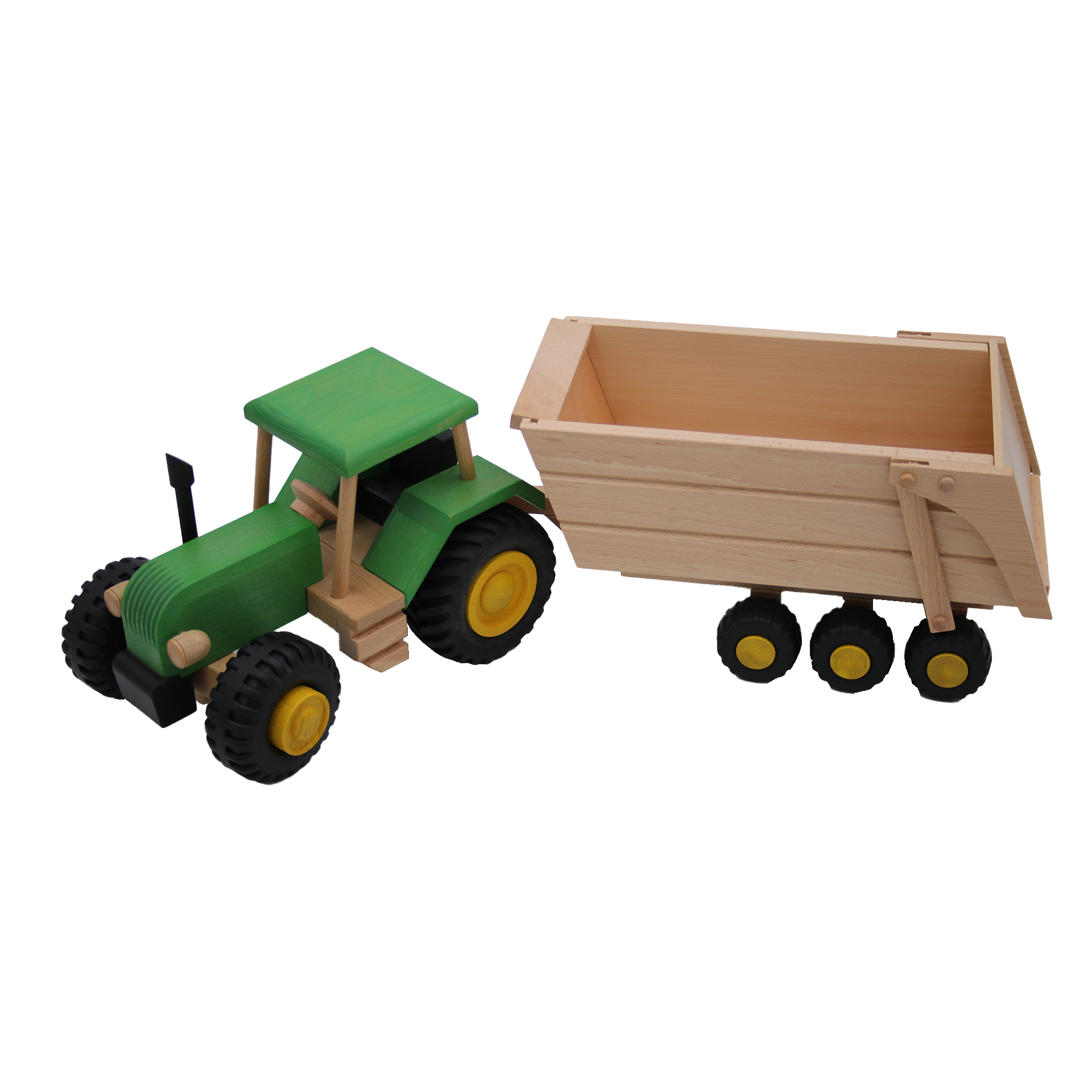großer gruener traktor mit anhaenger zum kippen aus buchenholz